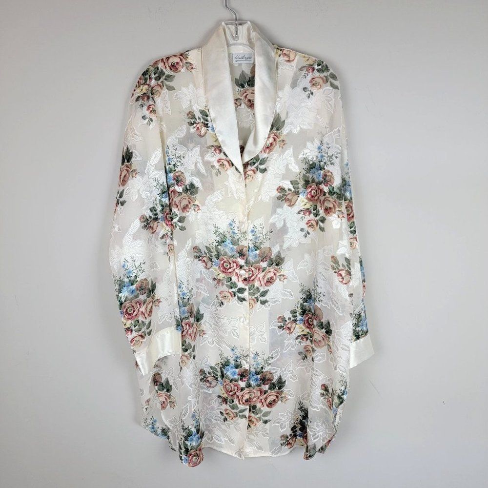 Vintage Kathryn Beige Floral Satin Chiffon Sheer Button Down Sleepwear Top L